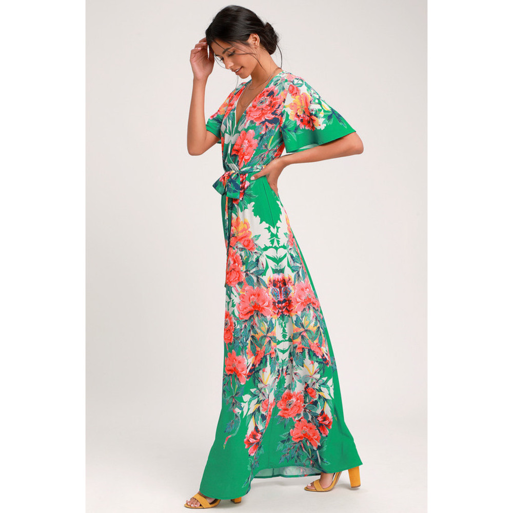 Lulus Still In Paradise Green Floral Print Maxi Dress - Size S